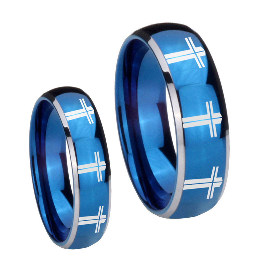 Multiple Christian Cross Dome Blue 2 Tone Tungsten Couple Band Set