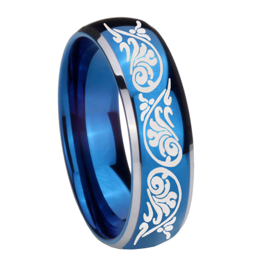 8mm Etched Tribal Pattern Dome Blue 2 Tone Tungsten Ring