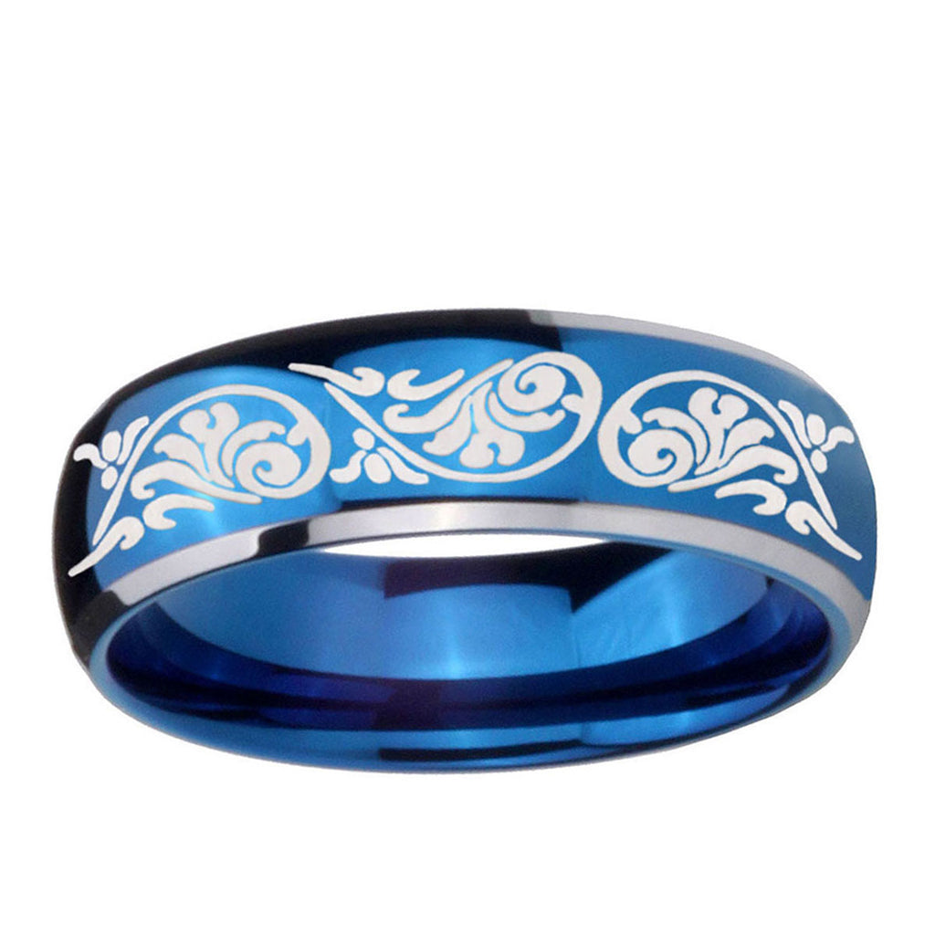 5mm Etched Tribal Pattern Dome Blue 2 Tone Tungsten Ring
