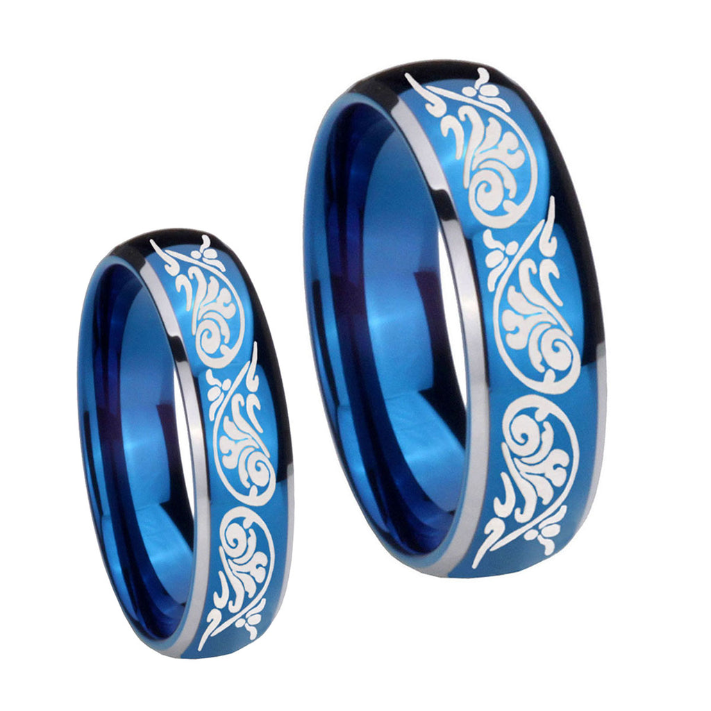 Etched Tribal Pattern Dome Blue 2 Tone Tungsten Bridal Set Ring