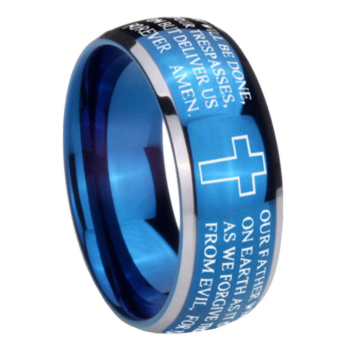 8mm Etched Lord's Prayer Cross Dome Blue 2 Tone Tungsten Ring