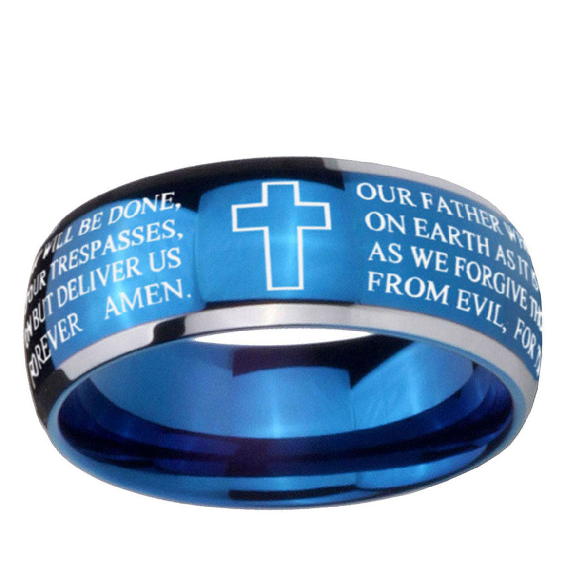 5mm Etched Lord's Prayer Cross Dome Blue 2 Tone Tungsten Ring