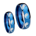 Multiple Yin Yang Dome Blue 2 Tone Tungsten Wedding Band Set
