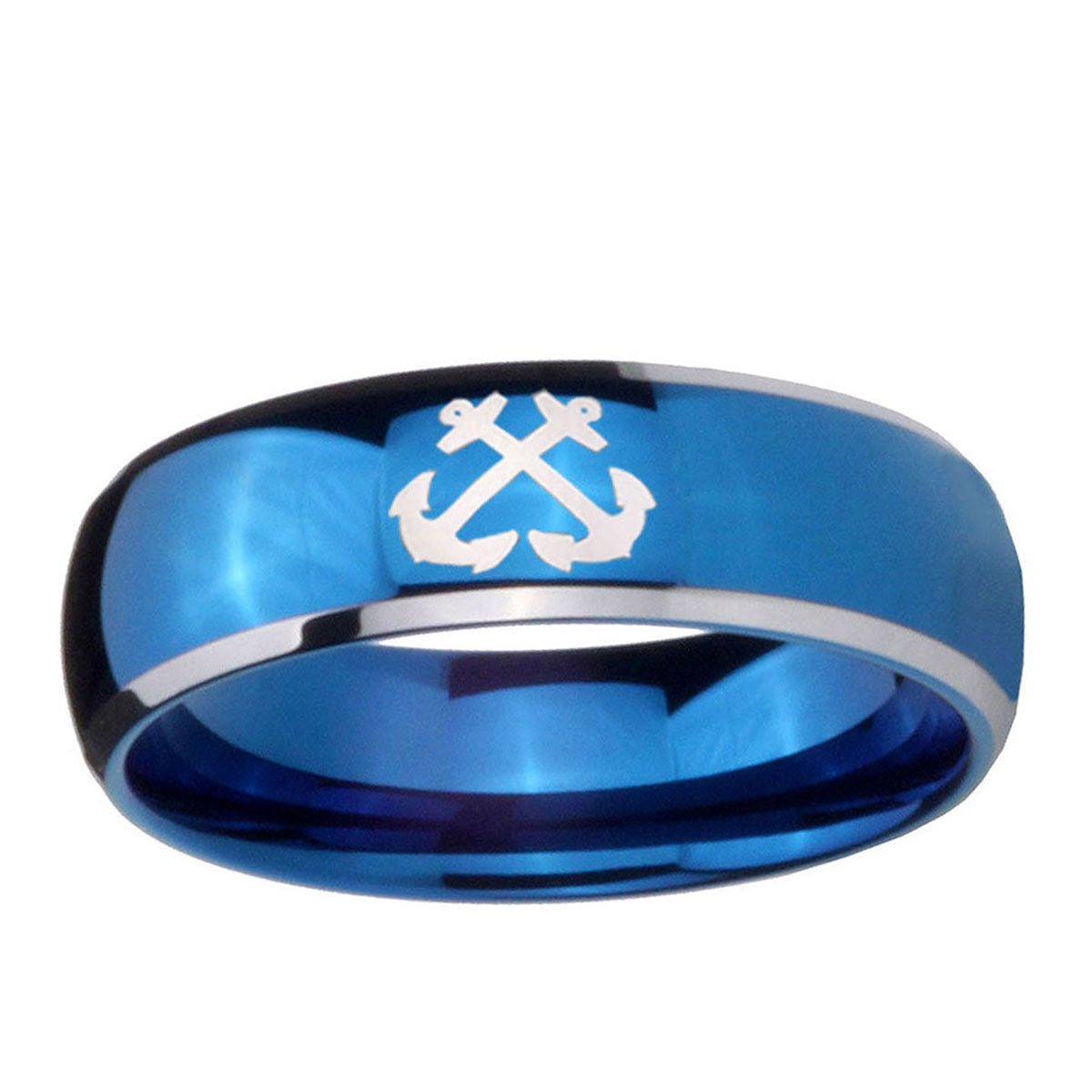 5mm Anchor Dome Blue 2 Tone Tungsten Mens Anniversary Ring
