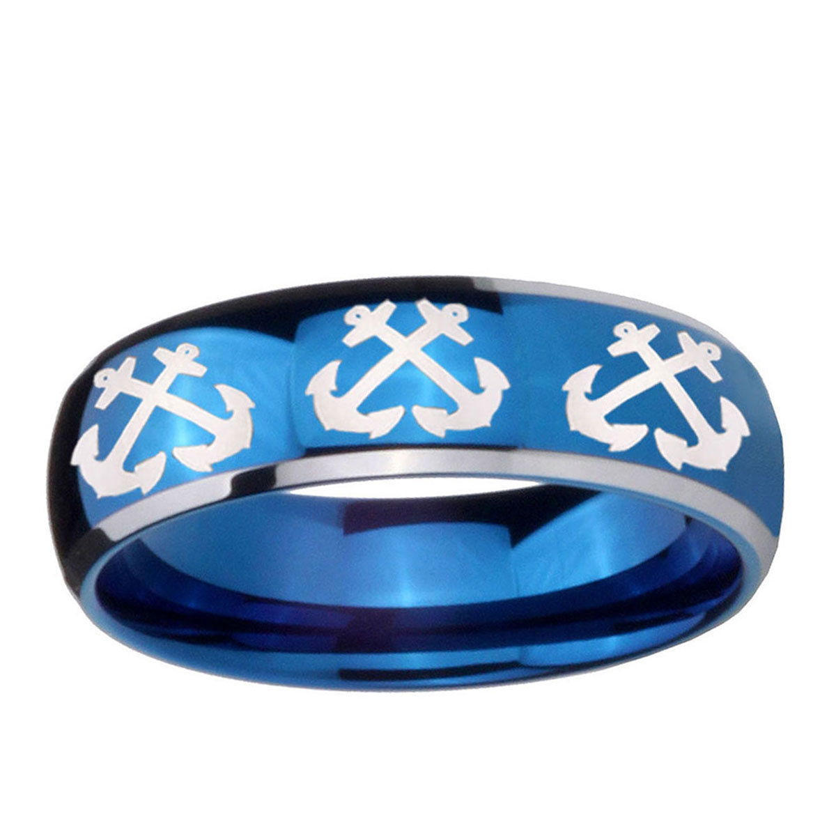 5mm Multiple Anchor Dome Blue 2 Tone Tungsten Mens Ring