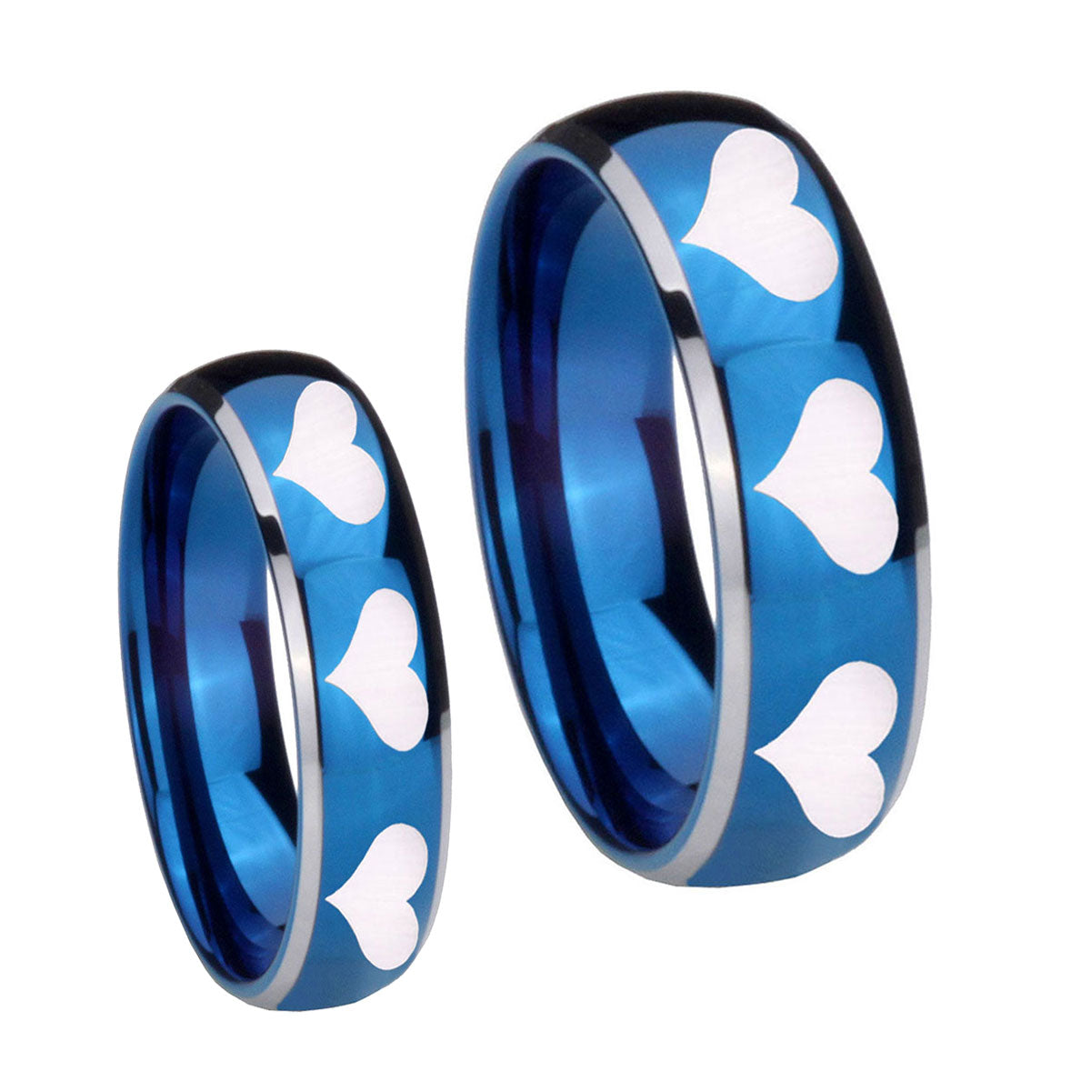 Multiple Heart Dome Blue 2 Tone Tungsten Bridal Band Set