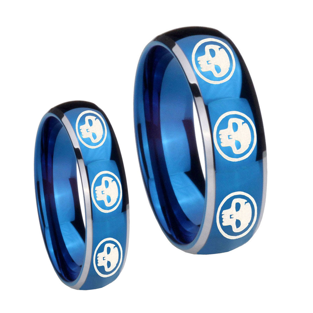 Multiple Skull Dome Blue 2 Tone Tungsten Wedding Ring Set