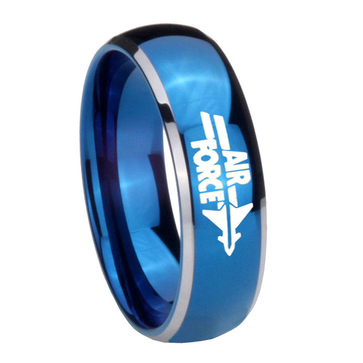 8mm Glossy Blue Dome Air Force Tungsten 2 Tone Engraved Ring
