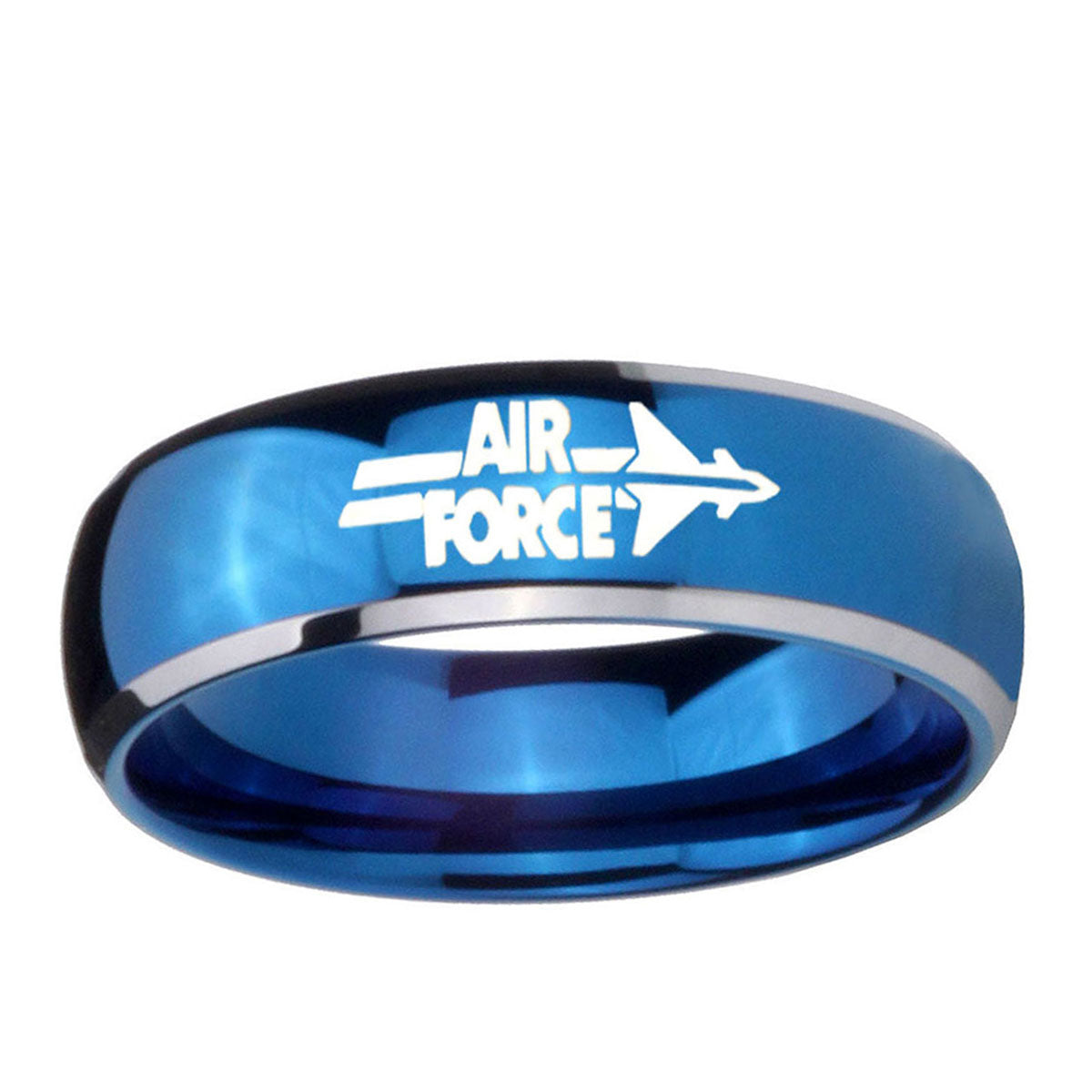 5mm Glossy Blue Dome Air Force Tungsten 2 Tone Engraved Ring