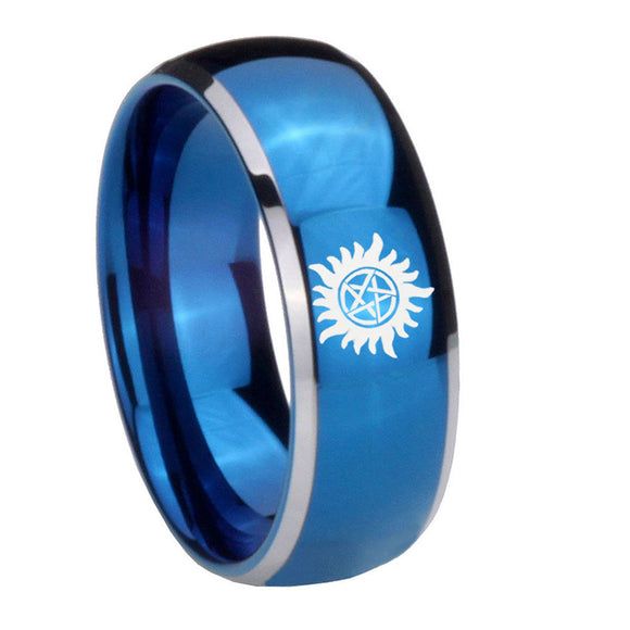 8mm Supernatural Dome Two Tone Blue Unique Mens Wedding Ring
