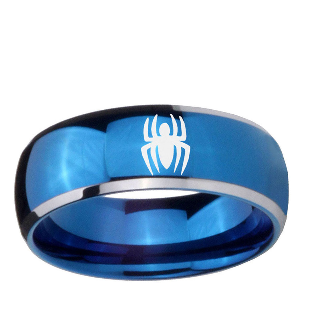 5mm Spiderman Dome Blue 2 Tone Tungsten Engraved Ring