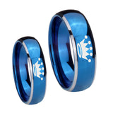 Bride and Groom Crown Dome Blue 2 Tone Tungsten Carbide Anniversary Ring Set