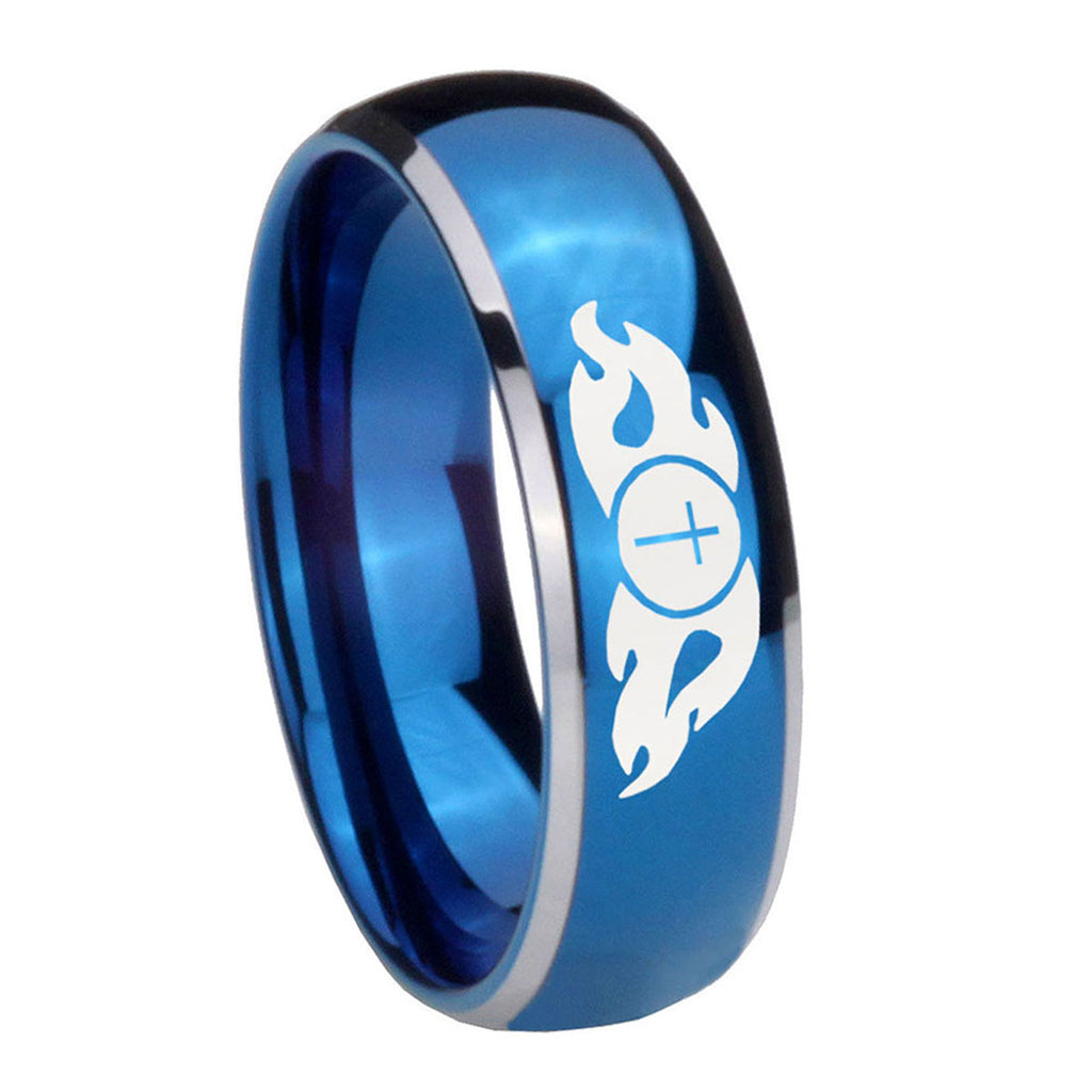 8mm Flamed Cross Dome Blue 2 Tone Tungsten Personalized Ring