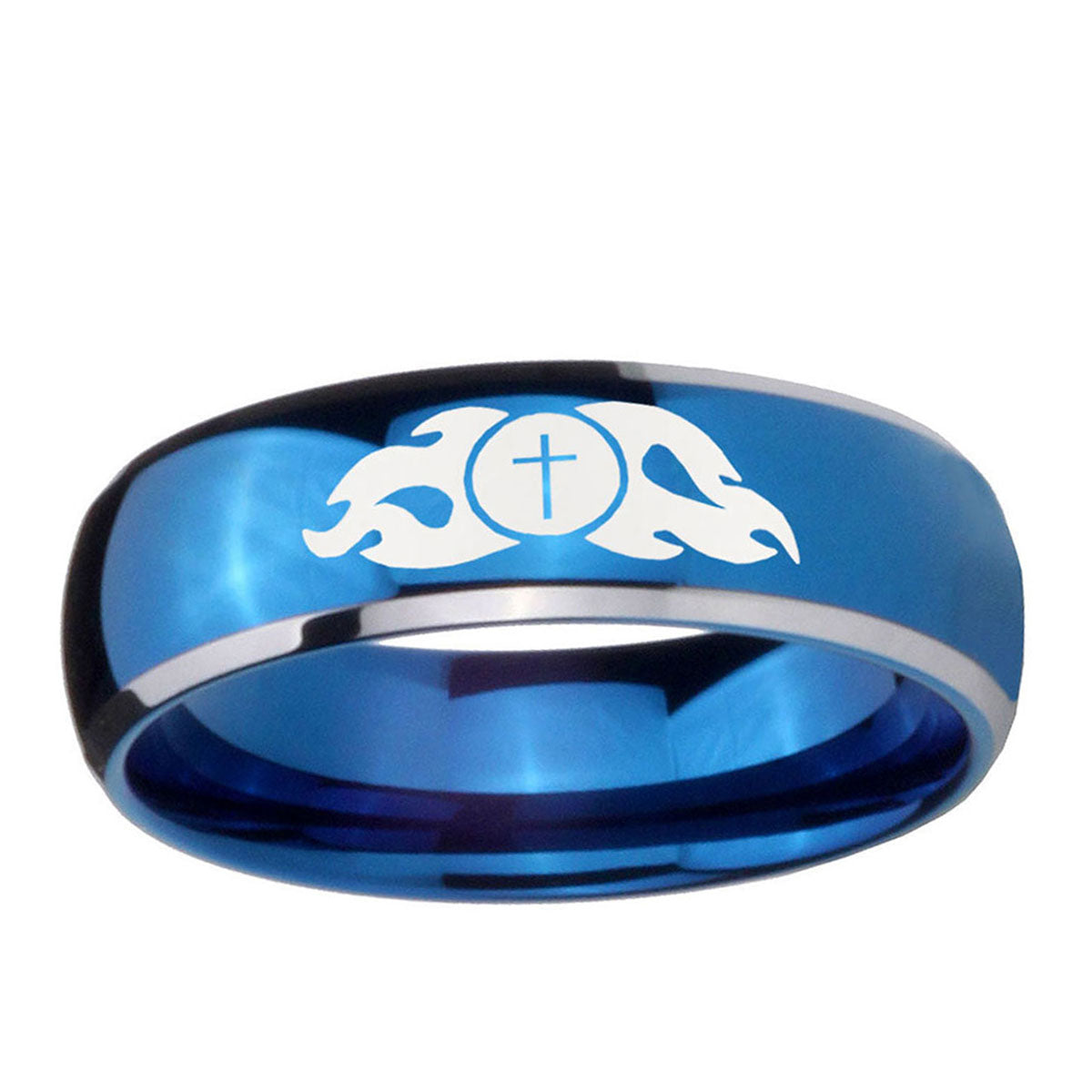 5mm Flamed Cross Dome Blue 2 Tone Tungsten Personalized Ring