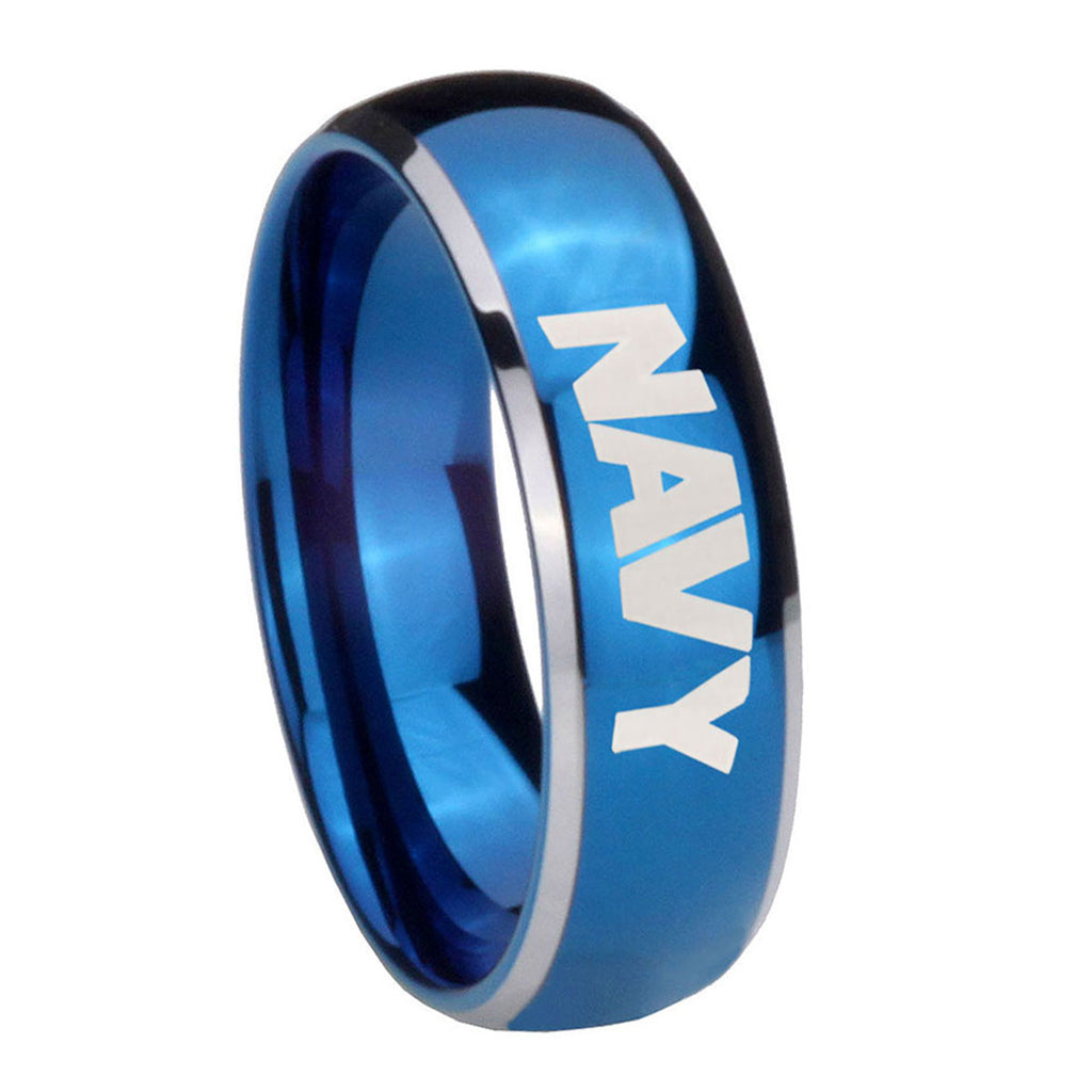 8mm Navy Dome Blue 2 Tone Tungsten Carbide Mens Wedding Band