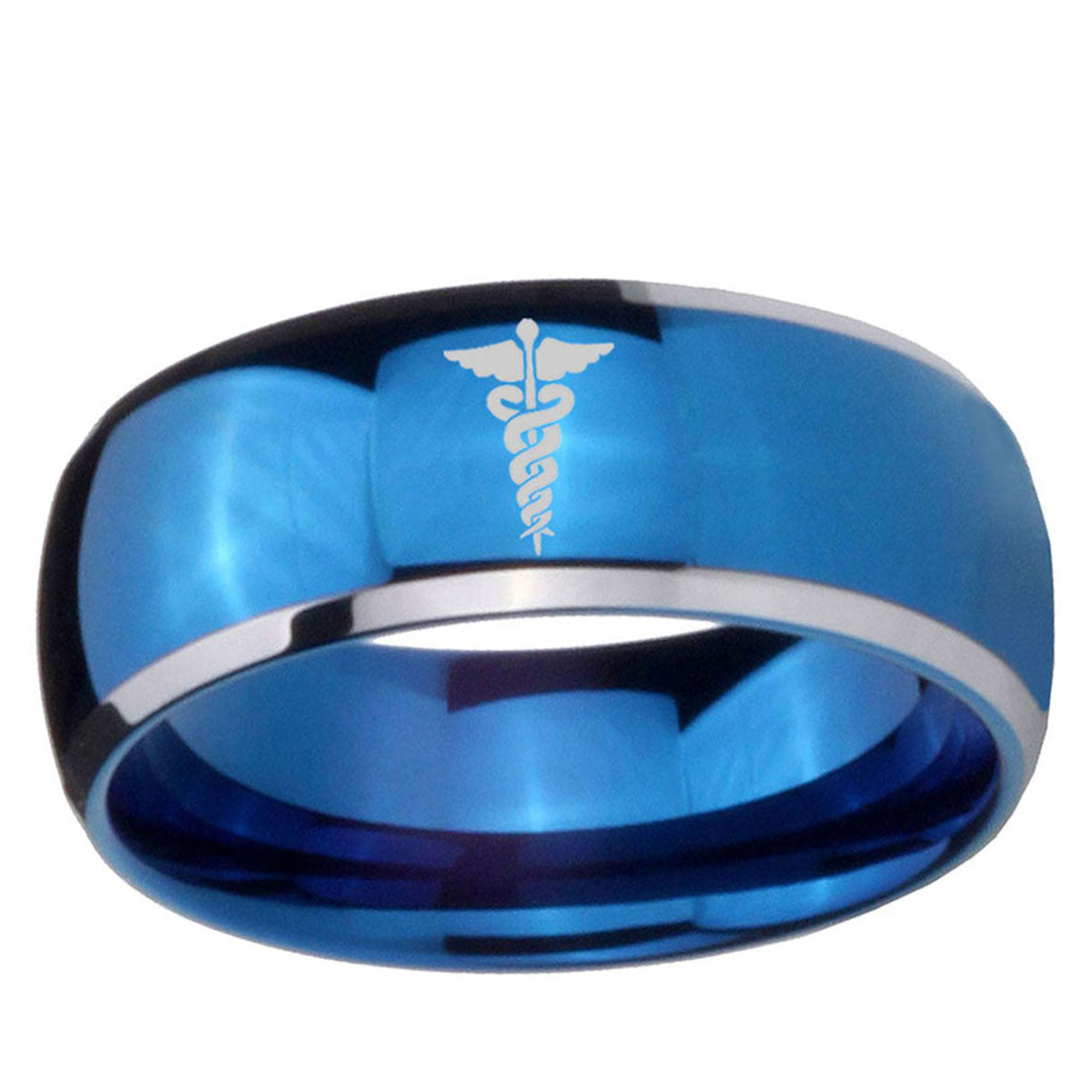 5mm Medical Symbol Dome Blue 2 Tone Tungsten Promise Ring