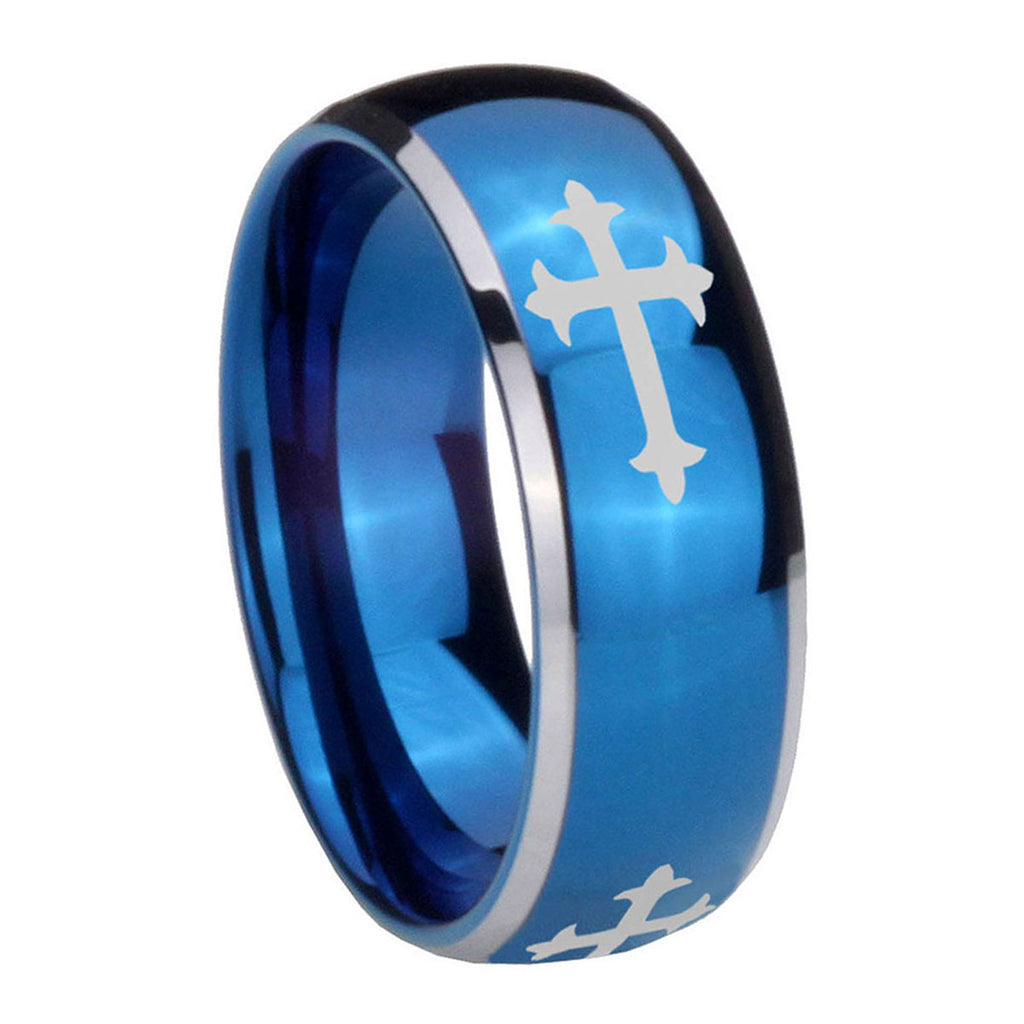 8mm Christian Cross Religious Dome Blue 2 Tone Tungsten Band