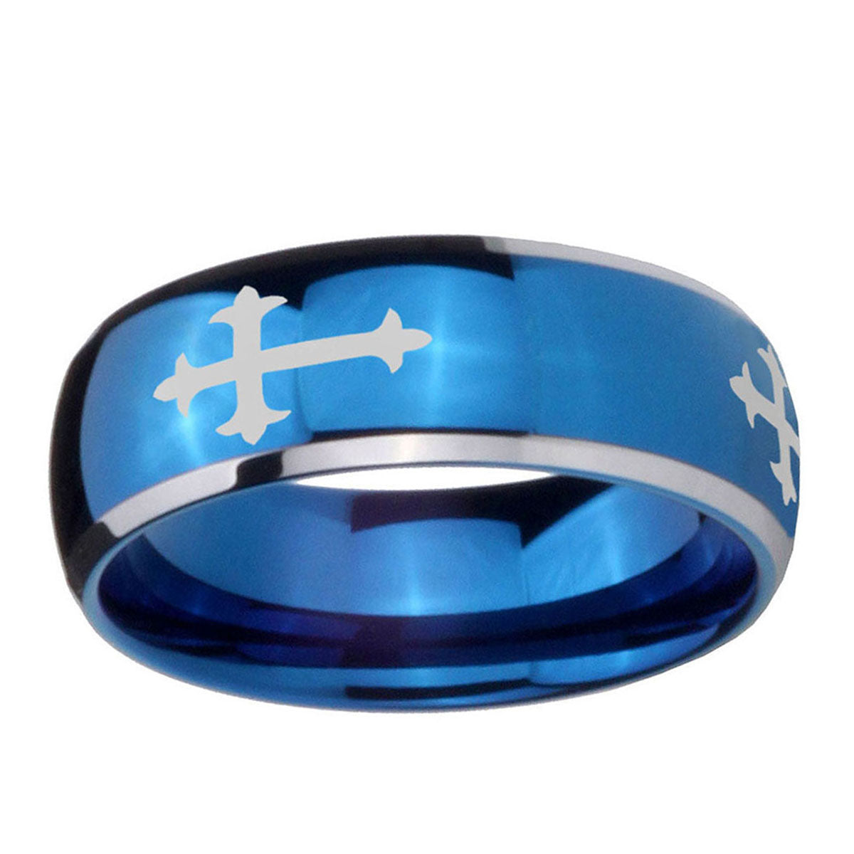 5mm Christian Cross Religious Dome Blue 2 Tone Tungsten Band