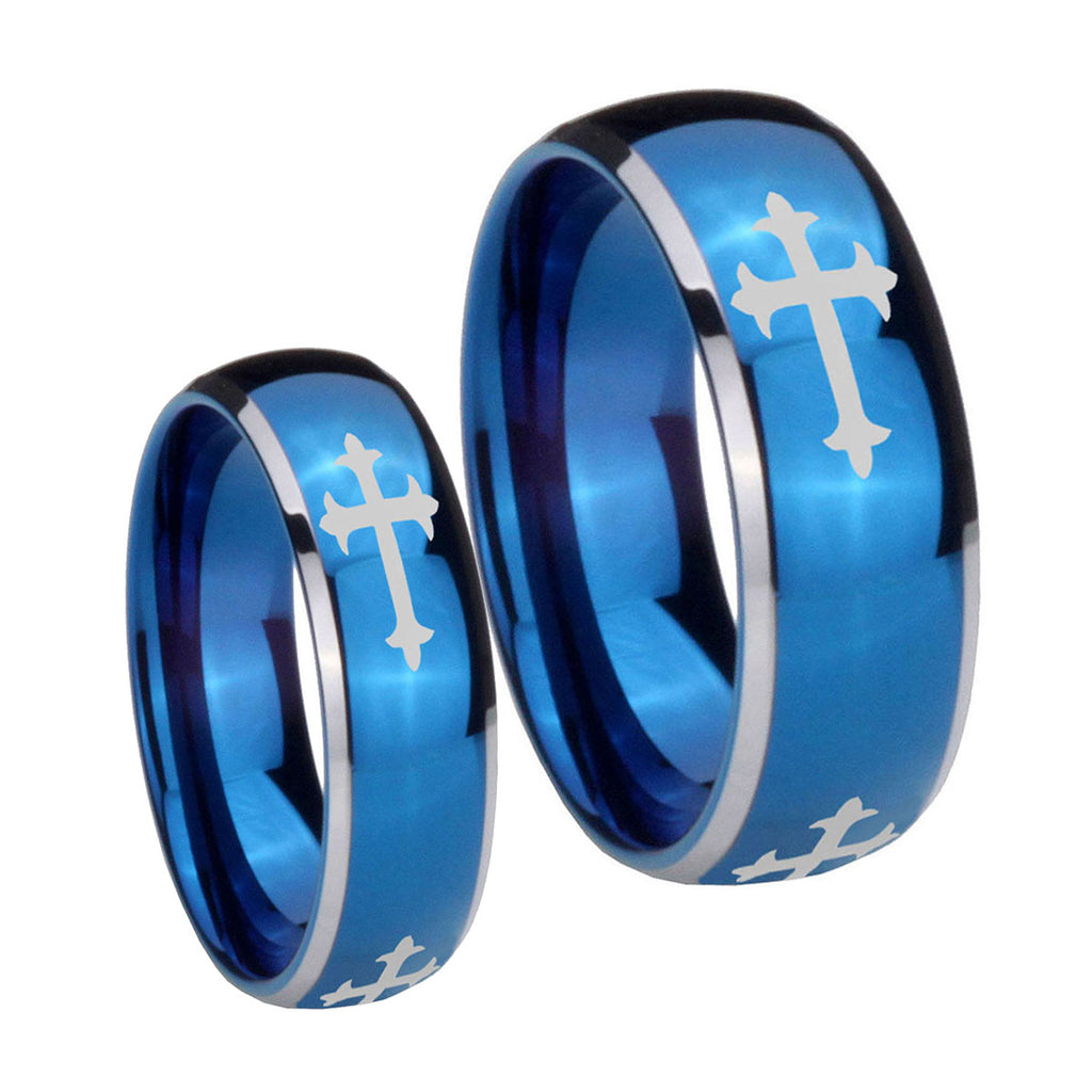 Christian Cross Religious Dome Blue 2 Tone Tungsten Bridal Set Rings