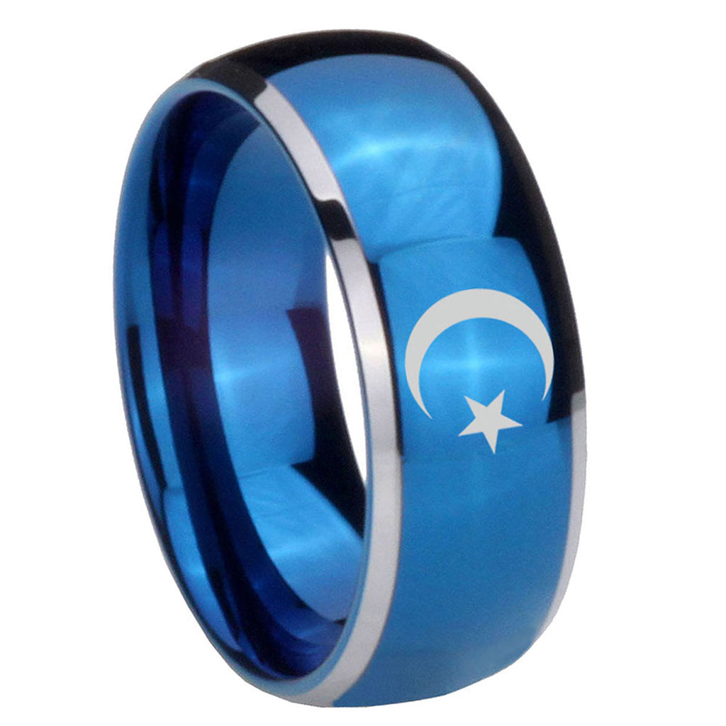 8mm Crescent Moon Stars Dome Blue 2 Tone Tungsten Ring