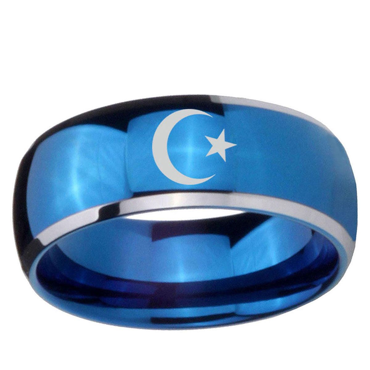 5mm Crescent Moon Stars Dome Blue 2 Tone Tungsten Ring