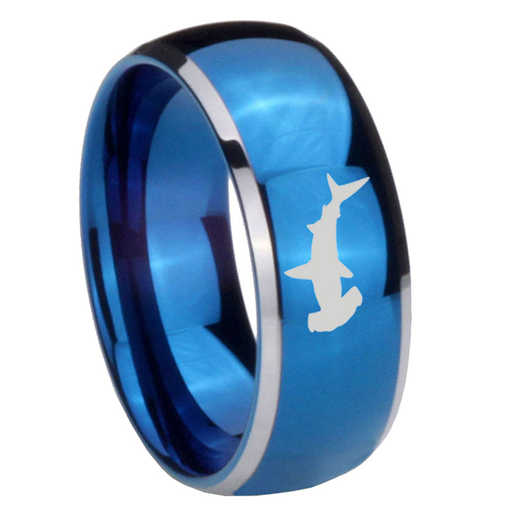 8mm Hammerhead Shark Dome Blue 2 Tone Tungsten Promise Ring
