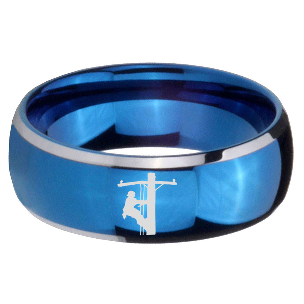 5mm Lineman Symbol Dome Two Tone Blue Tungsten Ring