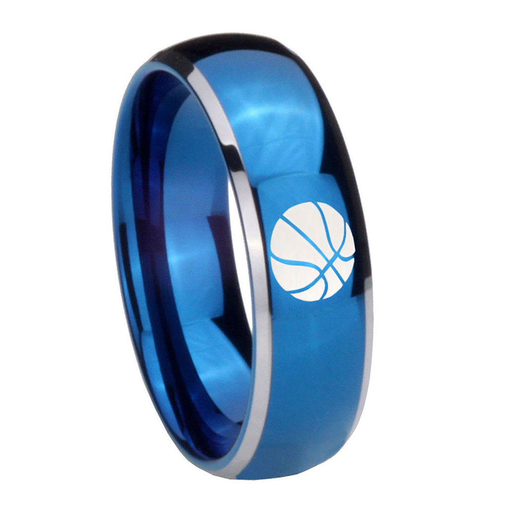 8mm Basketball Dome Blue 2 Tone Tungsten Wedding Ring