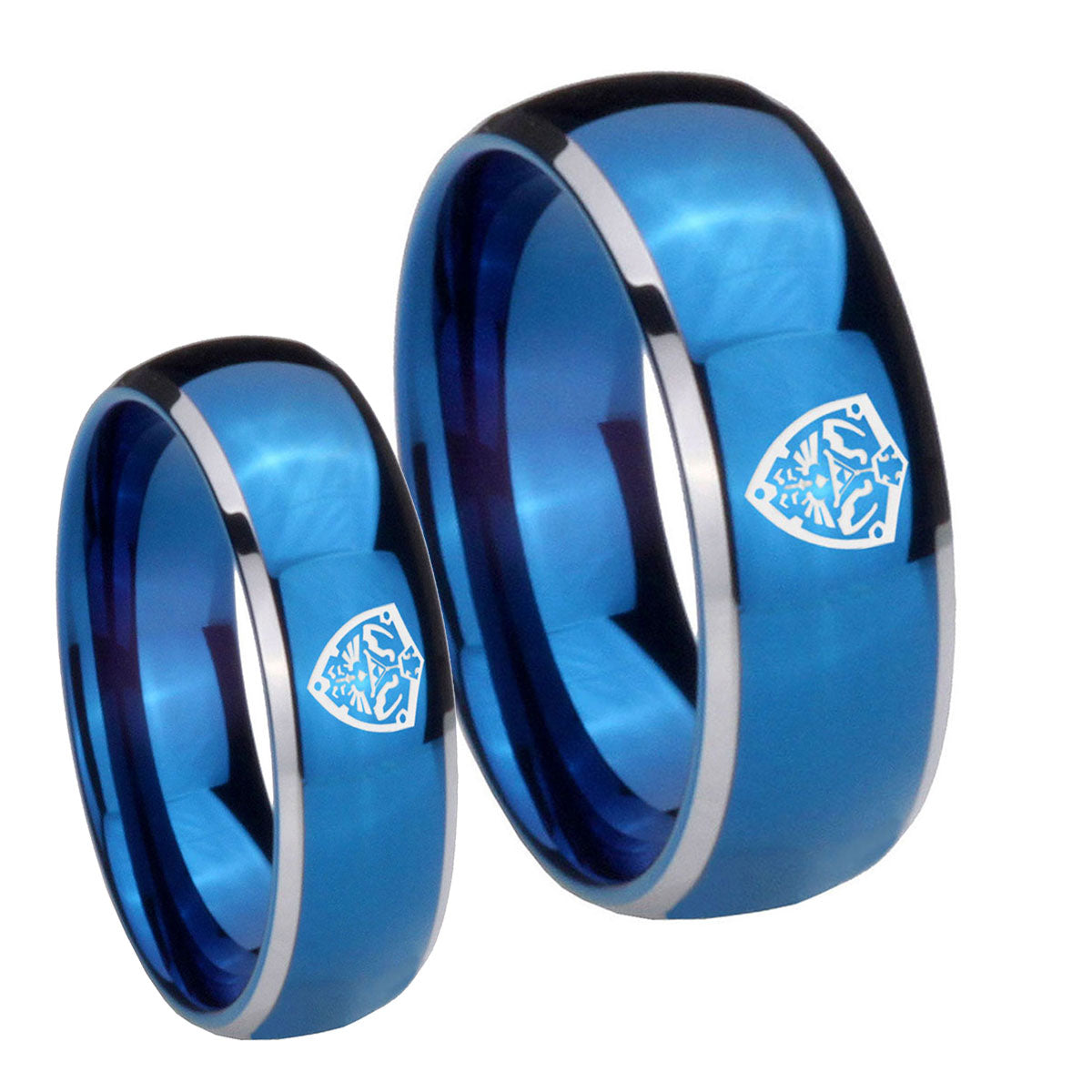 Zelda Hylian Shield Dome Blue 2 Tone Tungsten Engagement Ring Set