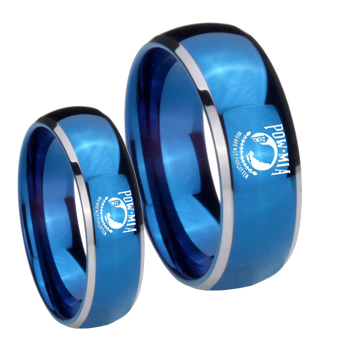 Military Pow Dome Blue 2 Tone Tungsten Wedding Ring Set