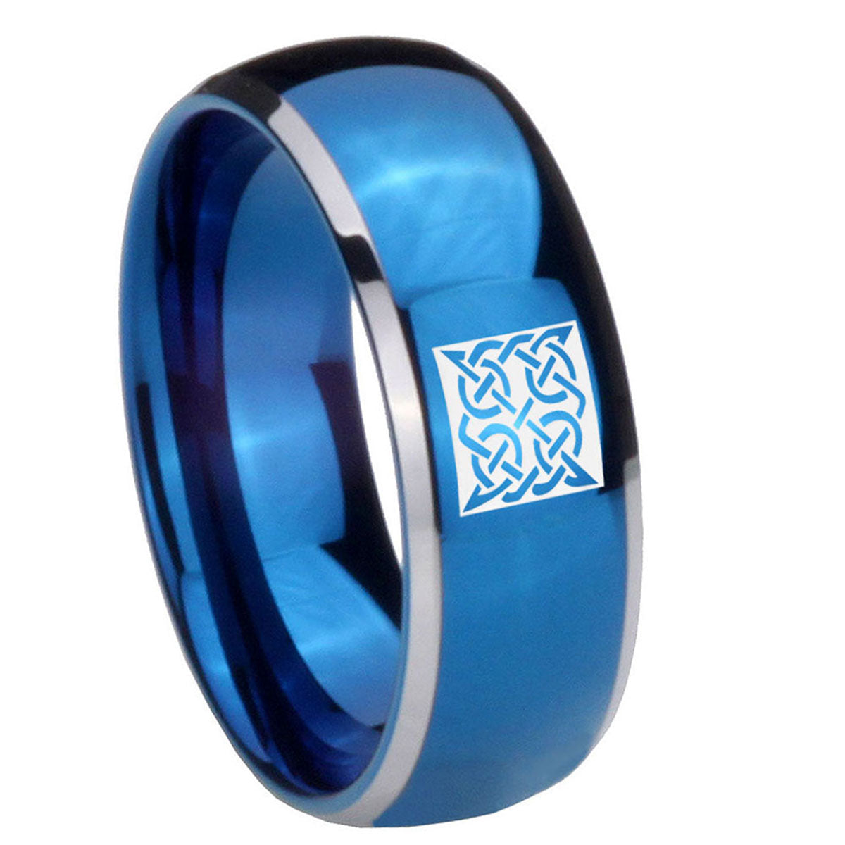 8mm Celtic Design Dome Blue 2 Tone Tungsten Engraved Ring