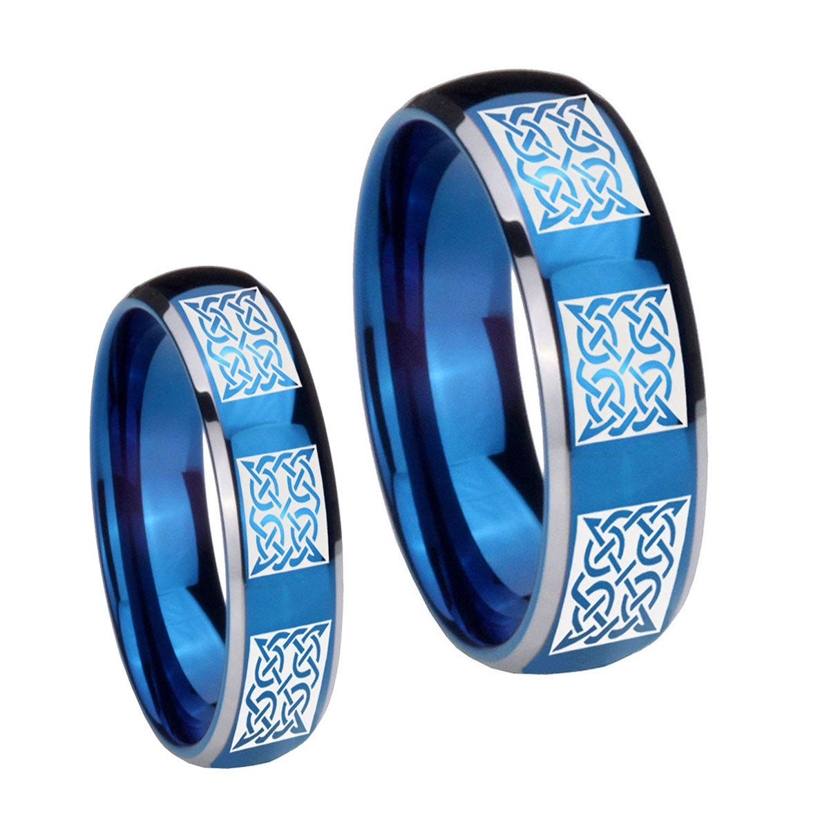 Multiple Celtic Dome Blue 2 Tone Tungsten Wedding Set Rings
