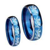 Bride and Groom Multiple Dragon Dome Blue 2 Tone Tungsten Carbide Bands Ring Set