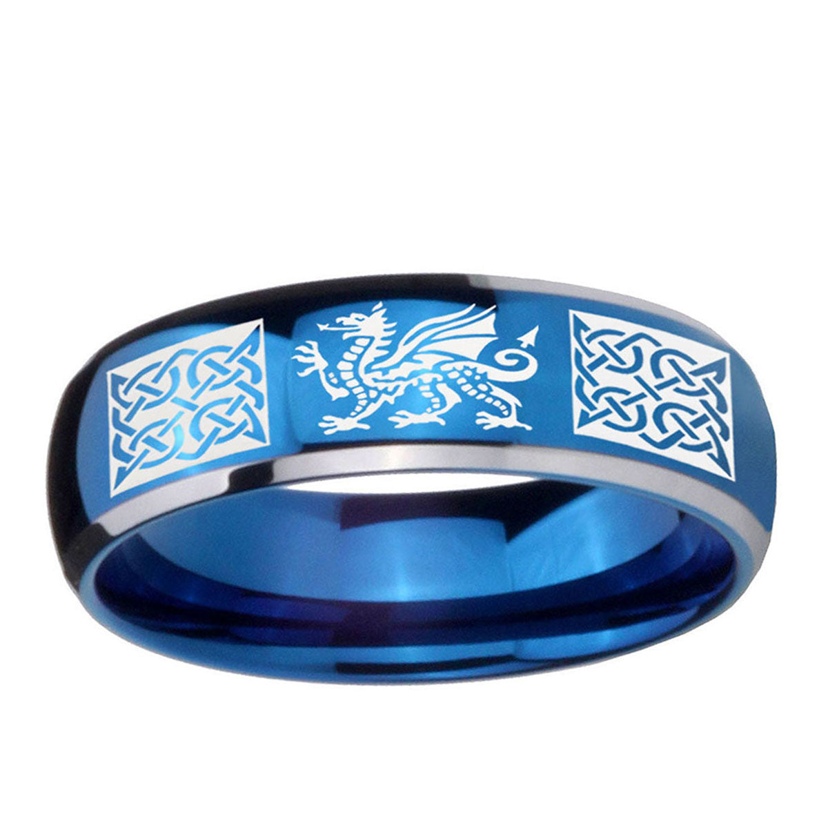 5mm Multiple Dragon Celtic Dome Blue 2 Tone Tungsten Ring