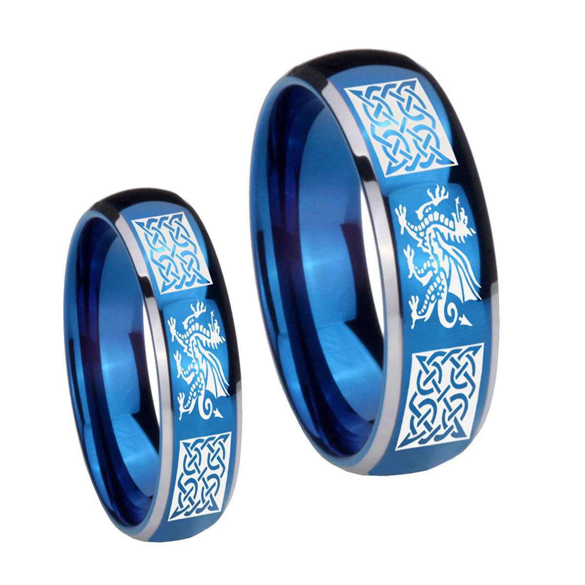 Multiple Dragon Celtic Dome Blue 2 Tone Tungsten His Hers Set Rings