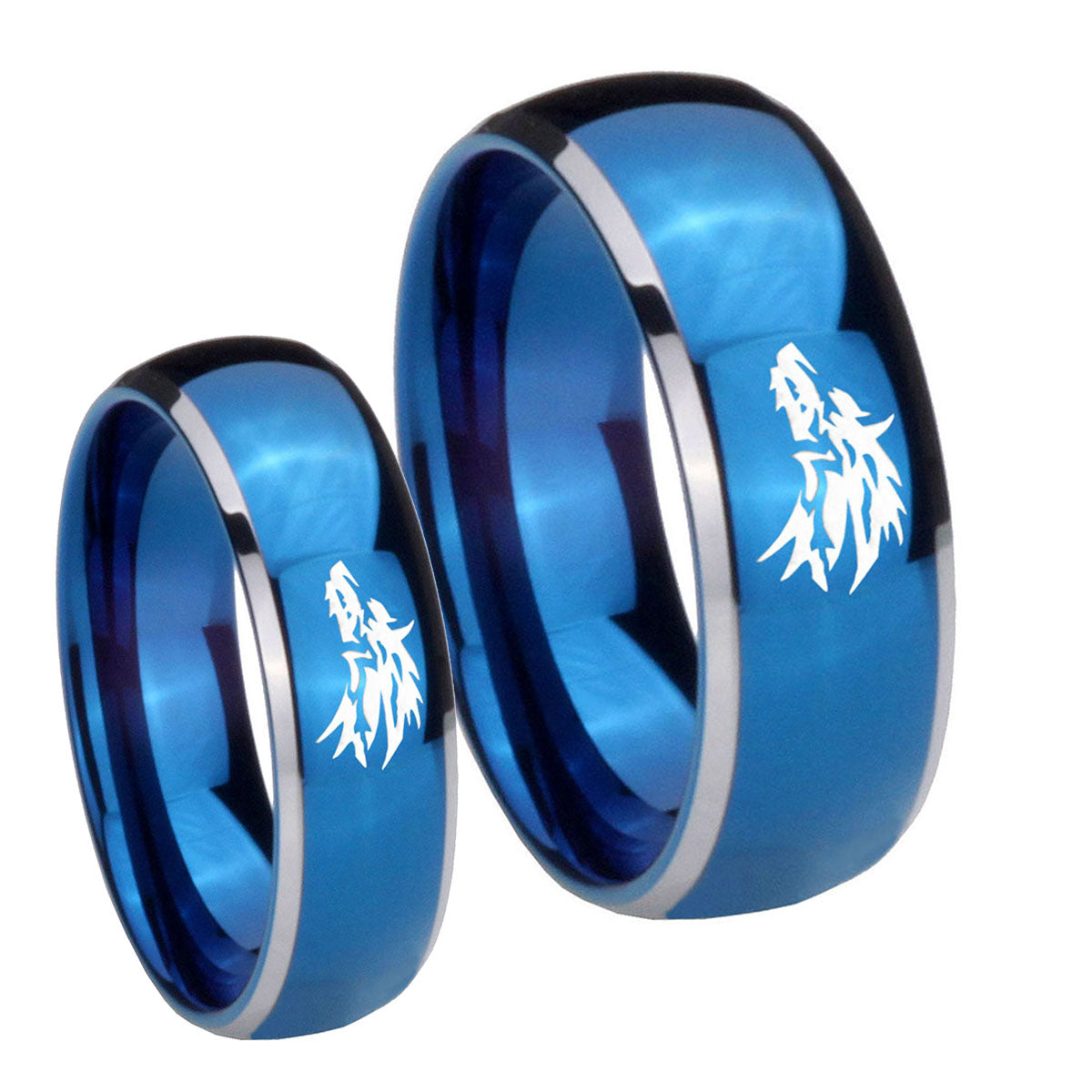Wolf Dome Blue 2 Tone Tungsten Engagement Ring Set