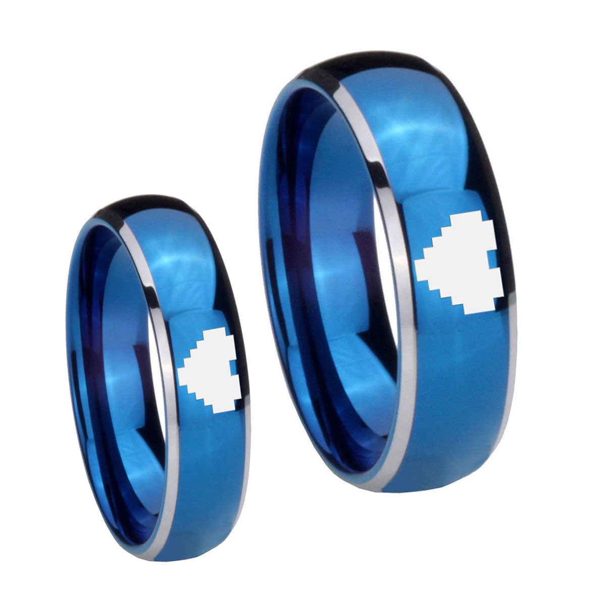 Glossy Blue Dome Zelda Heart Two Tone Tungsten Wedding Set Rings