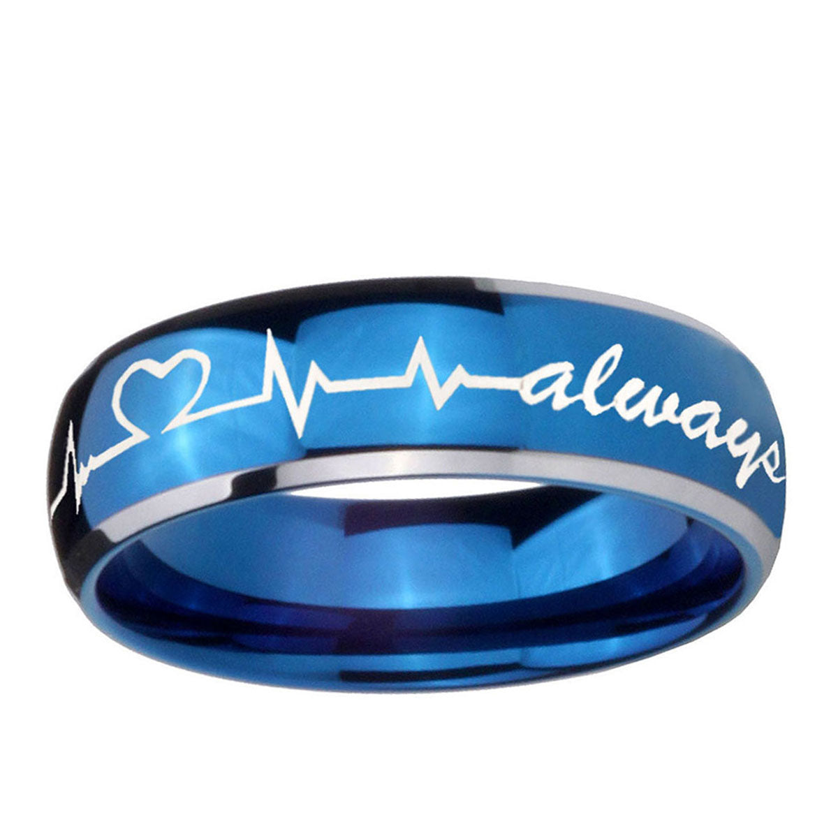 5mm Heart Beat forever Heart always Dome Blue 2 Tone Tungsten Ring