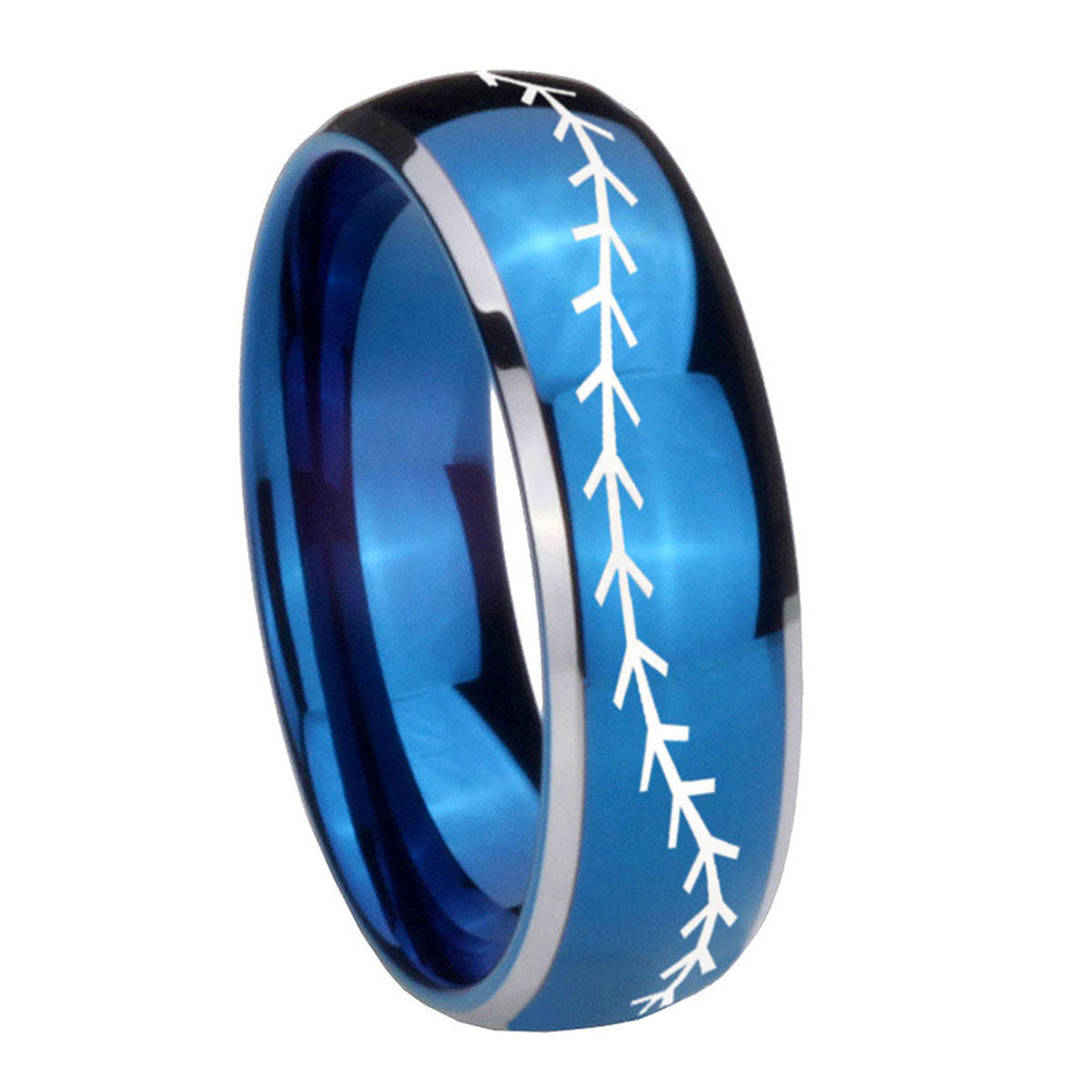 8mm Baseball Stitch Dome Blue 2 Tone Tungsten Mens Band Ring