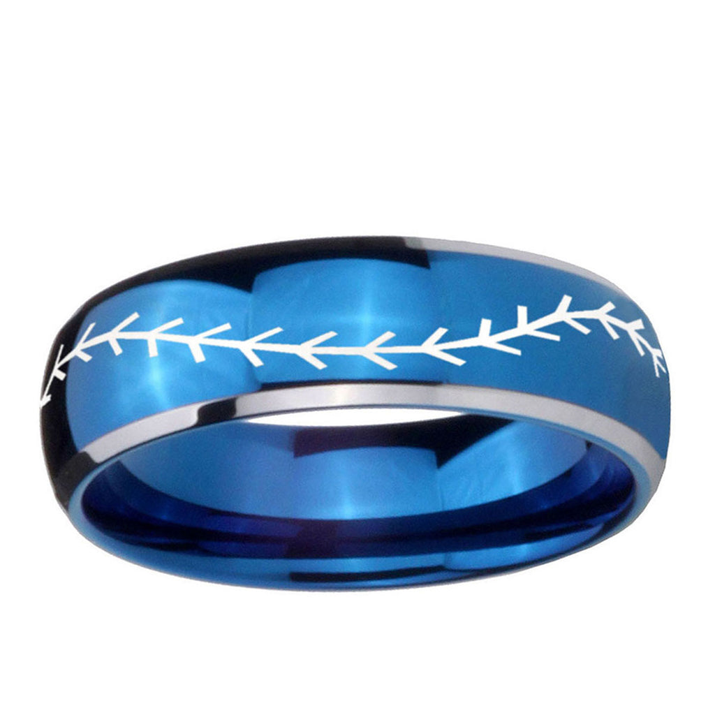 5mm Baseball Stitch Dome Blue 2 Tone Tungsten Mens Band Ring