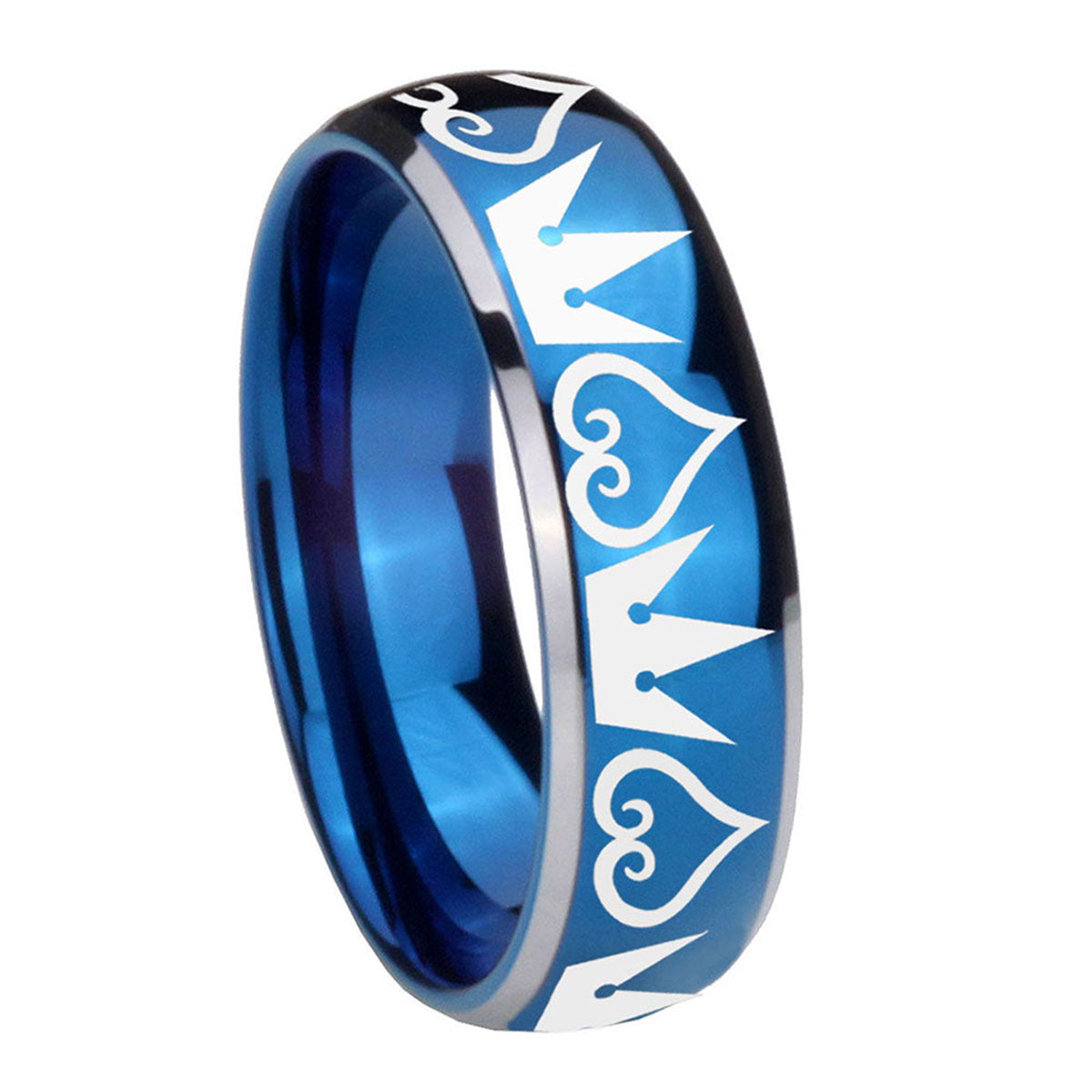 8mm Hearts Crowns Dome Blue 2 Tone Tungsten Mens Bands Ring