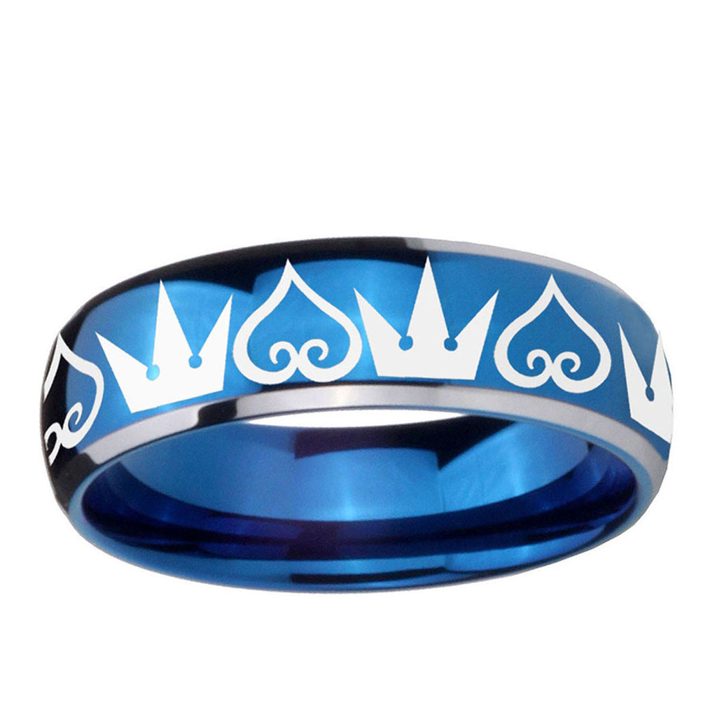 5mm Hearts Crowns Dome Blue 2 Tone Tungsten Mens Bands Ring