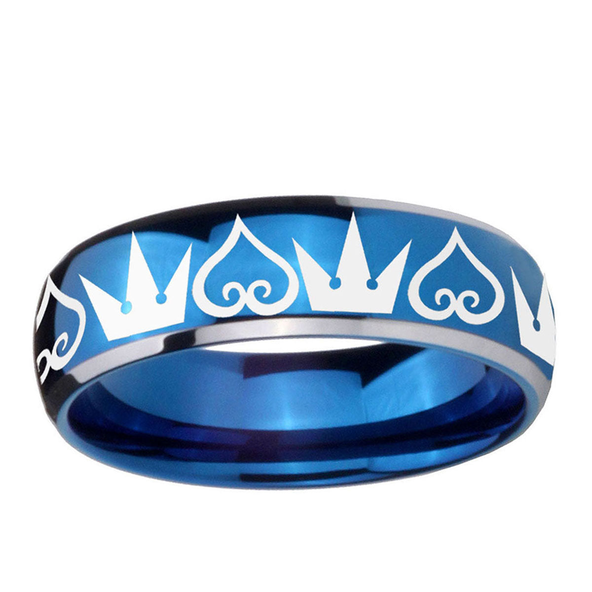 5mm Hearts Crowns Dome Blue 2 Tone Tungsten Mens Bands Ring