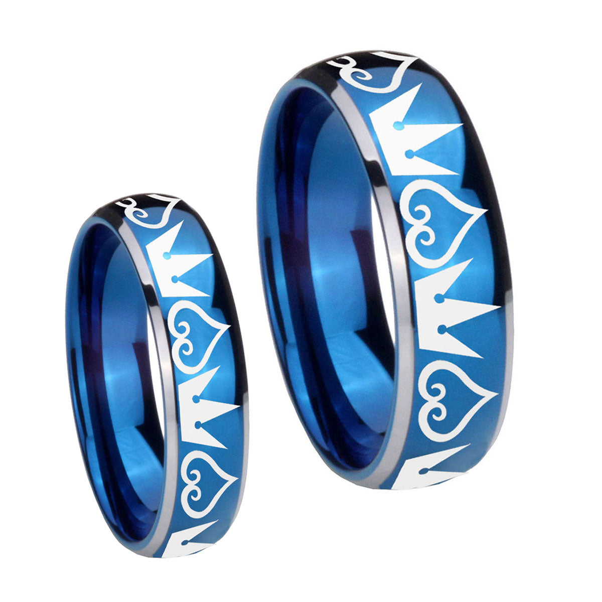 Hearts and Crowns Dome Blue 2 Tone Tungsten Bridal Set Rings