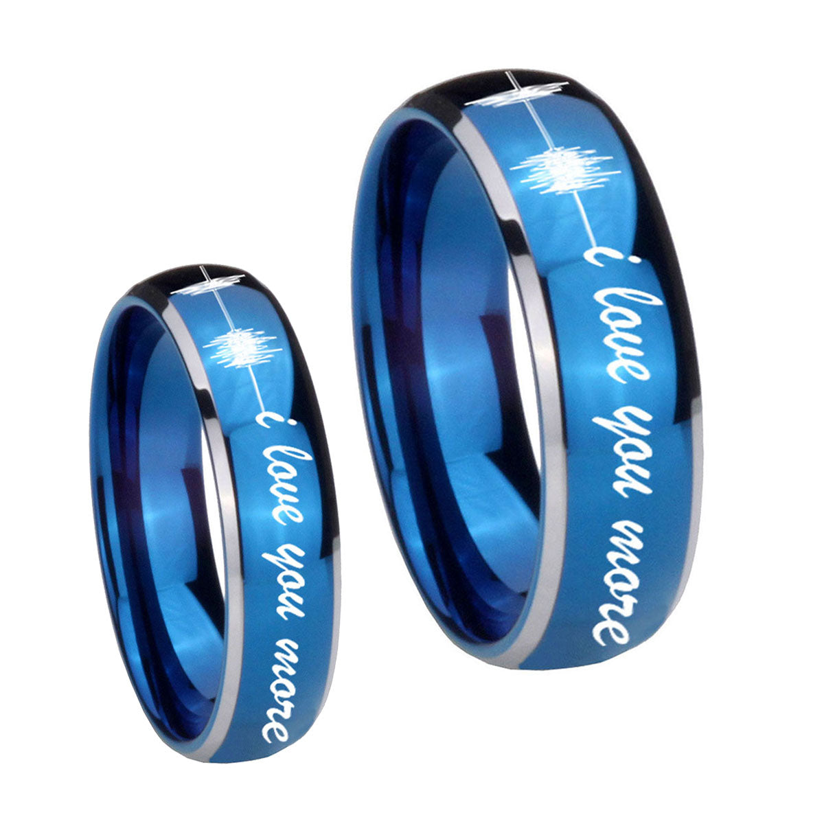 Sound Wave, I love you more Dome Blue 2 Tone Tungsten Bridal Ring Sets