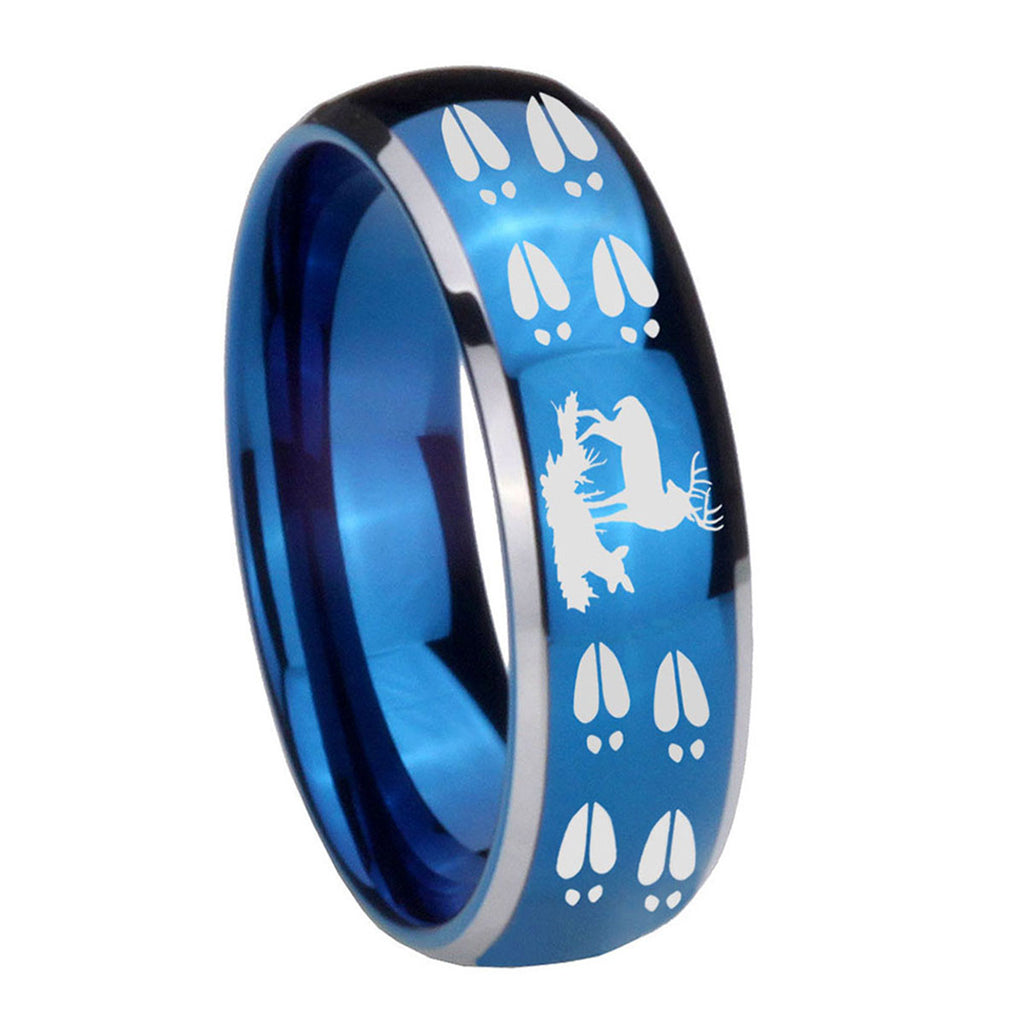 8mm Deer Hunting Tracks Dome Blue 2 Tone Tungsten Ring