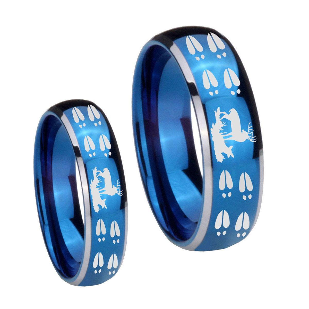 Deer Hunting Tracks Dome Blue 2 Tone Tungsten Wedding Band Set