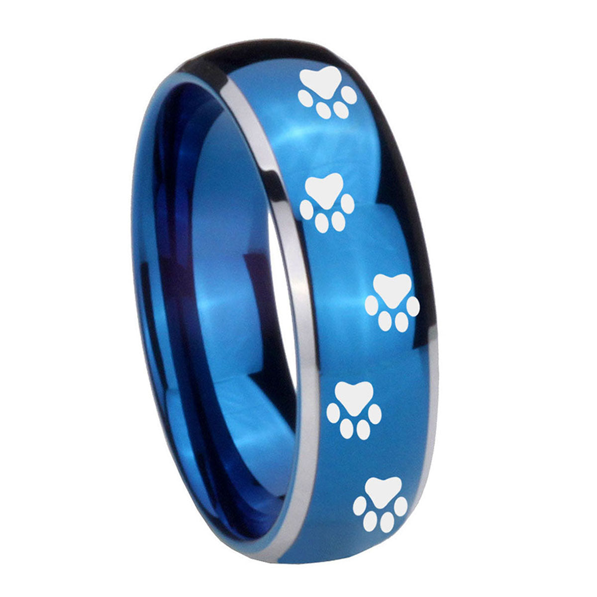 8mm Paw Print Dome Blue 2 Tone Tungsten Men's Promise Ring