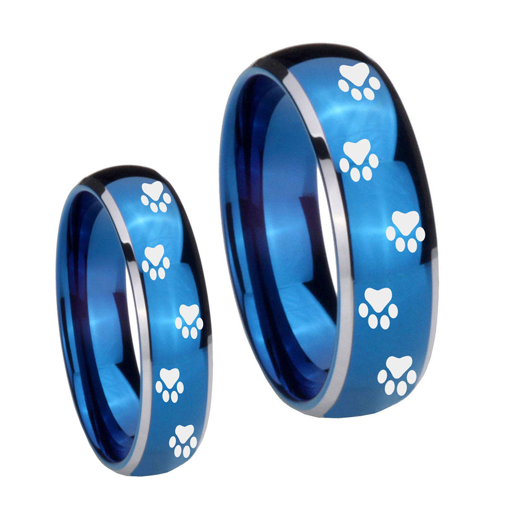Paw Print Dome Blue 2 Tone Tungsten Couple Wedding Rings
