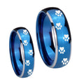 Paw Print Dome Blue 2 Tone Tungsten Couple Wedding Rings